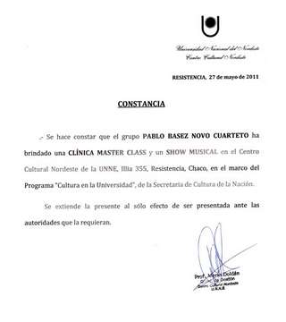 Certificado Concierto & Master UNNE Pablo Basez Novo Cuarteto