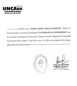 Certificado Concierto UNCAUS Pablo Basez Novo Cuarteto